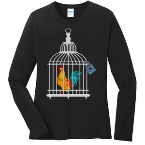 Red Rooster Cock Male Chastity Chicken In Cage Ladies Long Sleeve Shirt