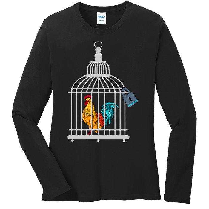 Red Rooster Cock Male Chastity Chicken In Cage Ladies Long Sleeve Shirt