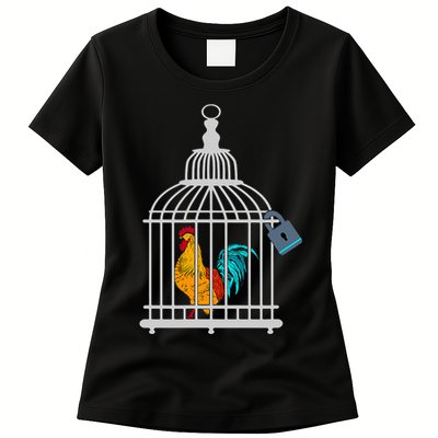 Red Rooster Cock Male Chastity Chicken In Cage Womens T-Shirt