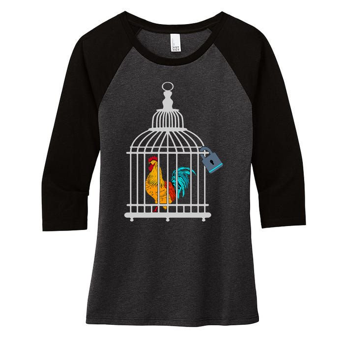 Red Rooster Cock Male Chastity Chicken In Cage Women's Tri-Blend 3/4-Sleeve Raglan Shirt