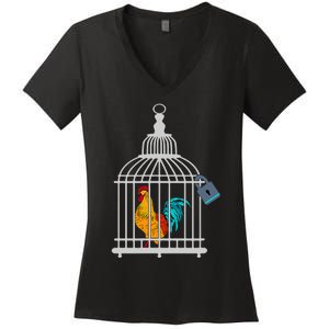 Red Rooster Cock Male Chastity Chicken In Cage Women's V-Neck T-Shirt