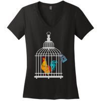 Red Rooster Cock Male Chastity Chicken In Cage Women's V-Neck T-Shirt