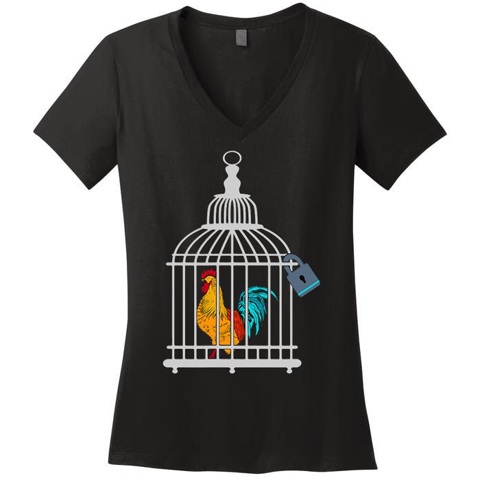 Red Rooster Cock Male Chastity Chicken In Cage Women's V-Neck T-Shirt