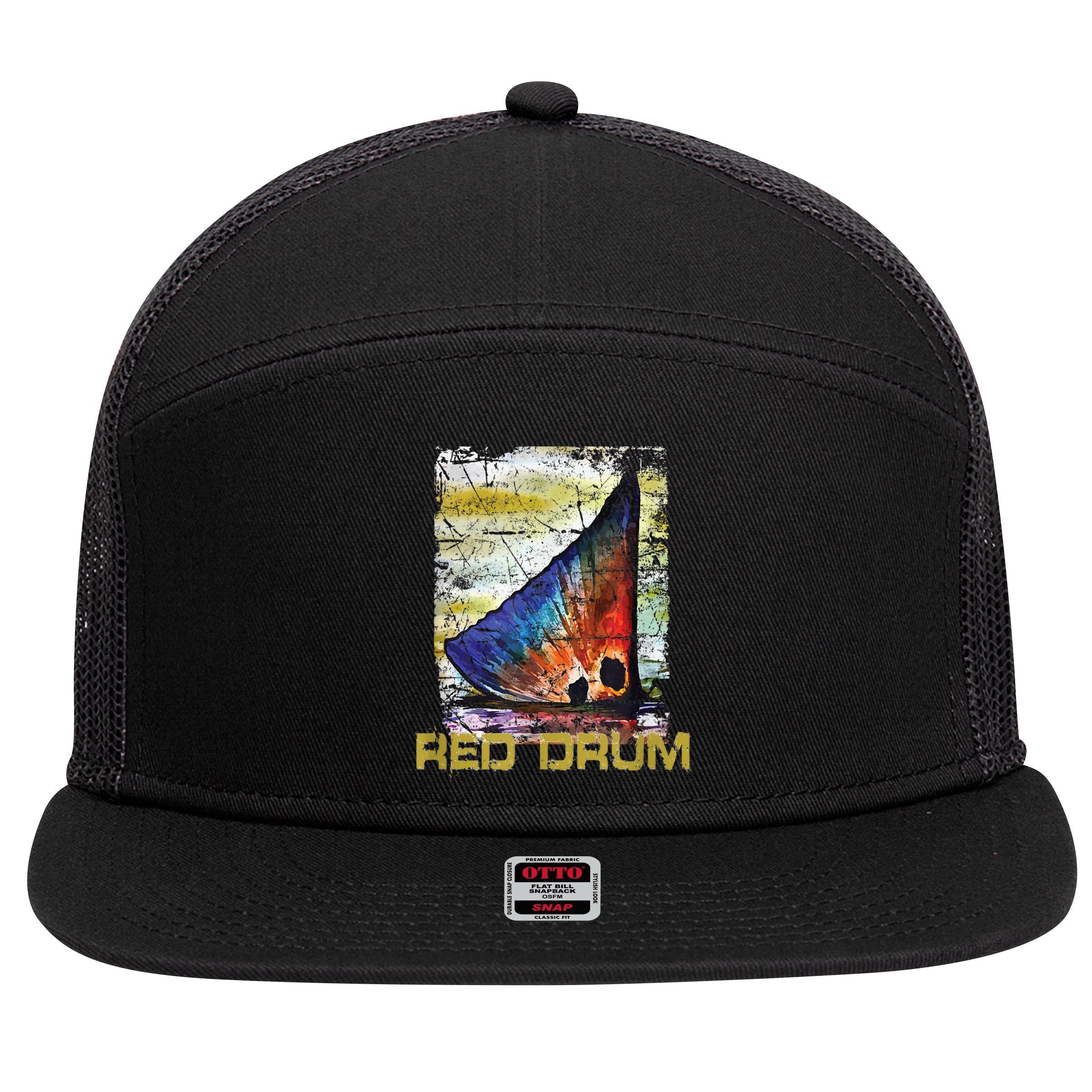 Redfish Red Drum Salty Dad Saltwater Fishing Ocean Fish 7 Panel Mesh Trucker Snapback Hat