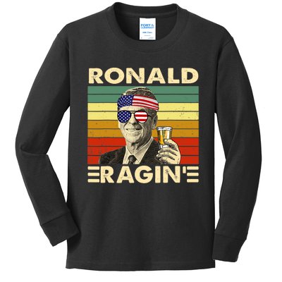 Ronald Ragin Drinking President Vintage Retro American Flag Kids Long Sleeve Shirt