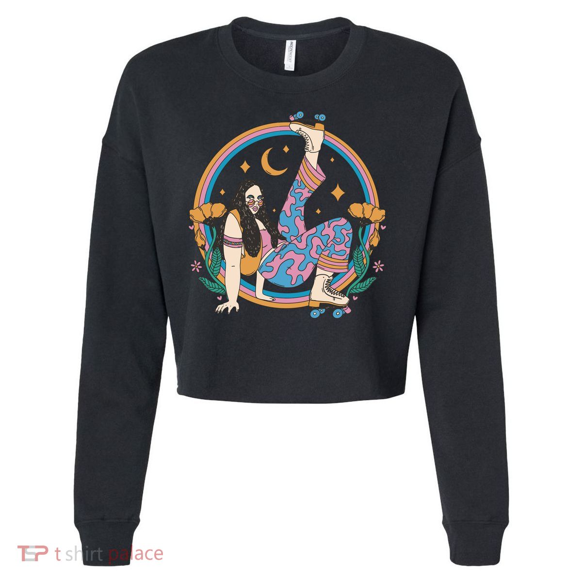 Retro Roller Disco Girl Cropped Pullover Crew