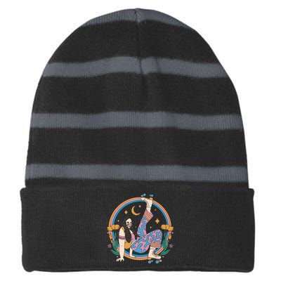 Retro Roller Disco Girl Striped Beanie with Solid Band