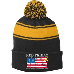 R.E.D Remember Everyone Deployed Red Friday Military Stripe Pom Pom Beanie