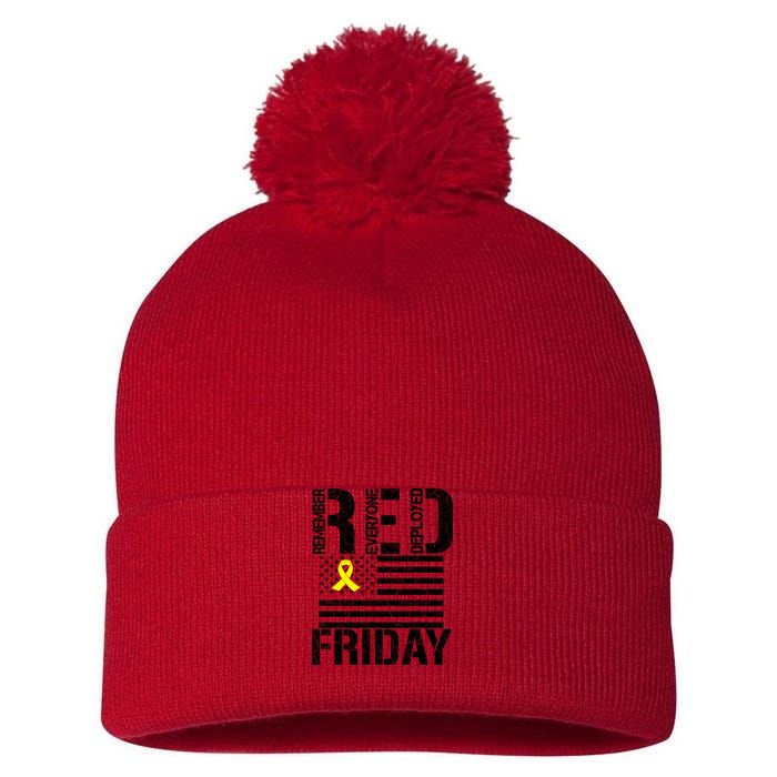 R.E.D. Remember Everyone Deployed Red Friday Pom Pom 12in Knit Beanie