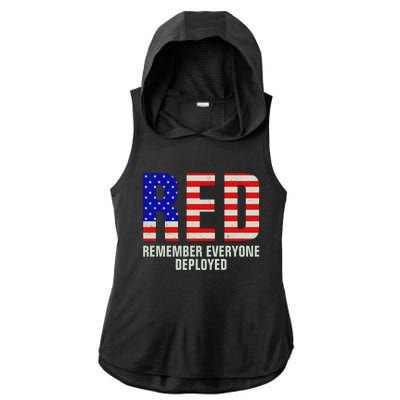 RED Remember Everyone Deployed Grunge Flag Ladies PosiCharge Tri-Blend Wicking Draft Hoodie Tank