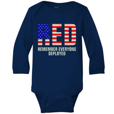 RED Remember Everyone Deployed Grunge Flag Baby Long Sleeve Bodysuit