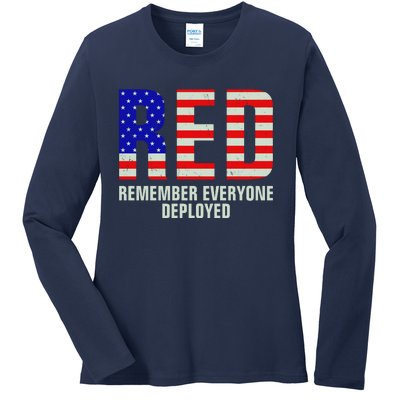 RED Remember Everyone Deployed Grunge Flag Ladies Long Sleeve Shirt