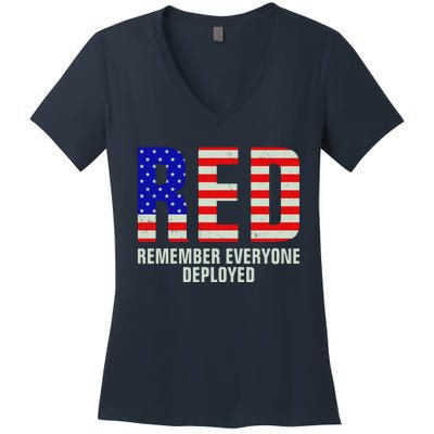 RED Remember Everyone Deployed Grunge Flag Women's V-Neck T-Shirt