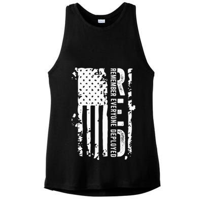 RED Remember Everyone Deployed Distressed Flag Ladies PosiCharge Tri-Blend Wicking Tank