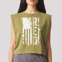 RED Remember Everyone Deployed Distressed Flag Garment-Dyed Women's Muscle Tee