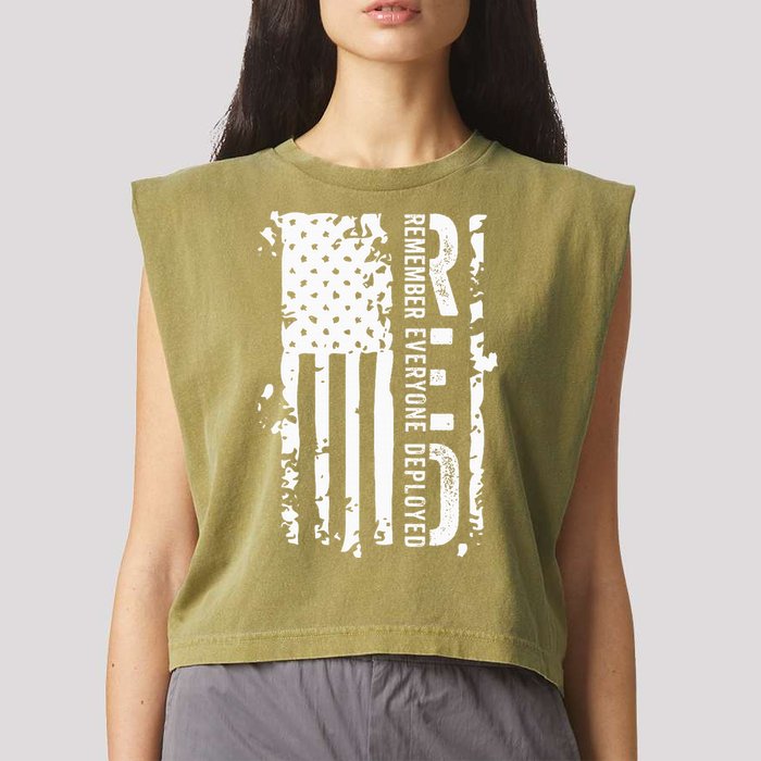 RED Remember Everyone Deployed Distressed Flag Garment-Dyed Women's Muscle Tee