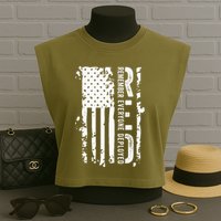 RED Remember Everyone Deployed Distressed Flag Garment-Dyed Women's Muscle Tee