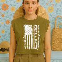 RED Remember Everyone Deployed Distressed Flag Garment-Dyed Women's Muscle Tee
