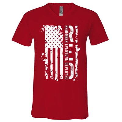 RED Remember Everyone Deployed Distressed Flag V-Neck T-Shirt