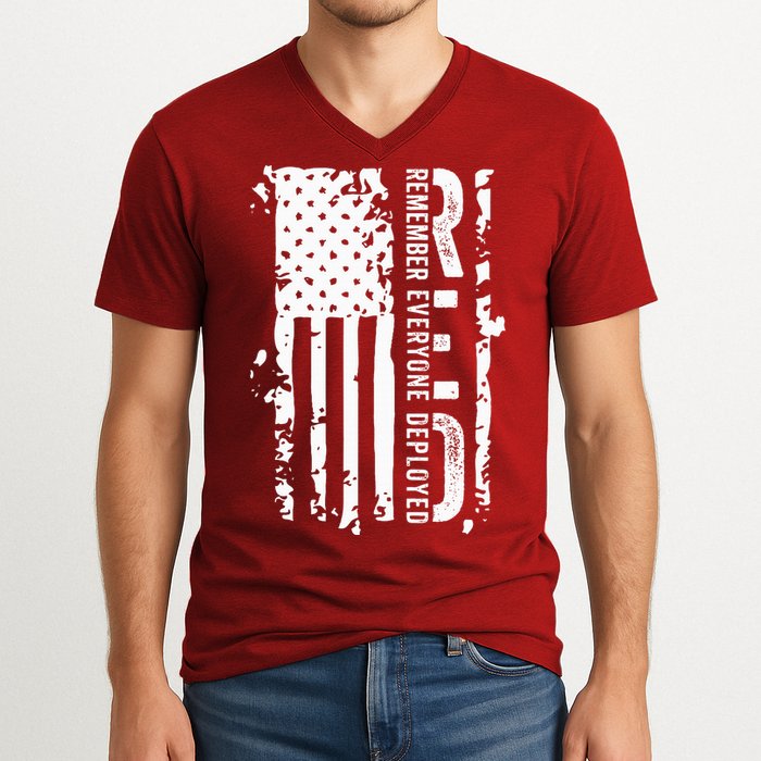 RED Remember Everyone Deployed Distressed Flag V-Neck T-Shirt