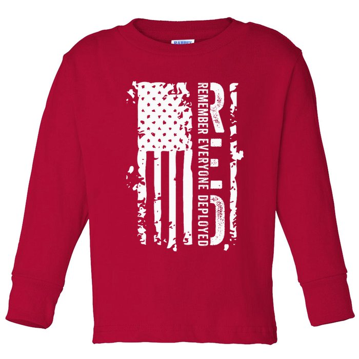 RED Remember Everyone Deployed Distressed Flag Toddler Long Sleeve Shirt