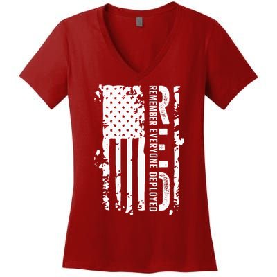 RED Remember Everyone Deployed Distressed Flag Women's V-Neck T-Shirt