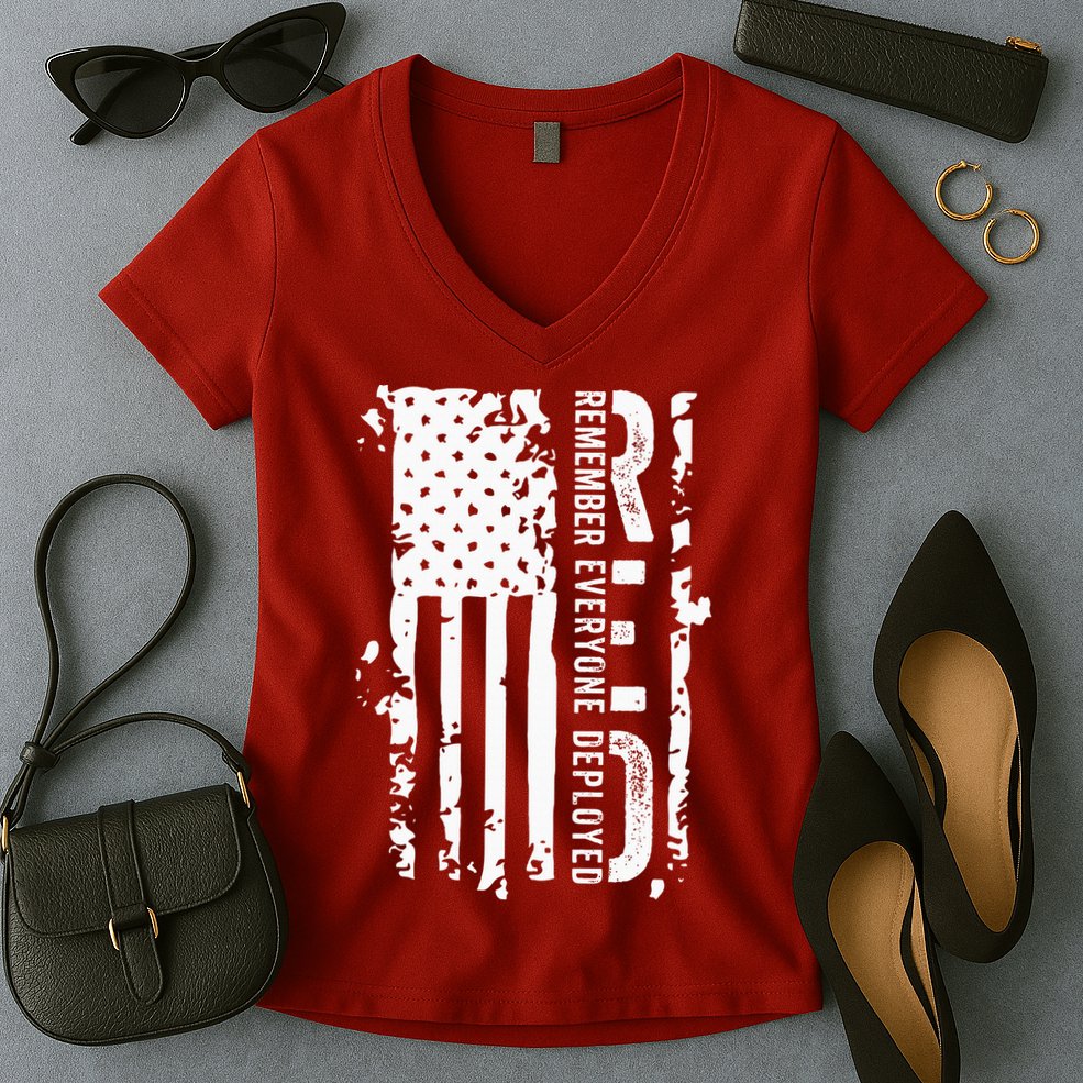 RED Remember Everyone Deployed Distressed Flag Women's V-Neck T-Shirt