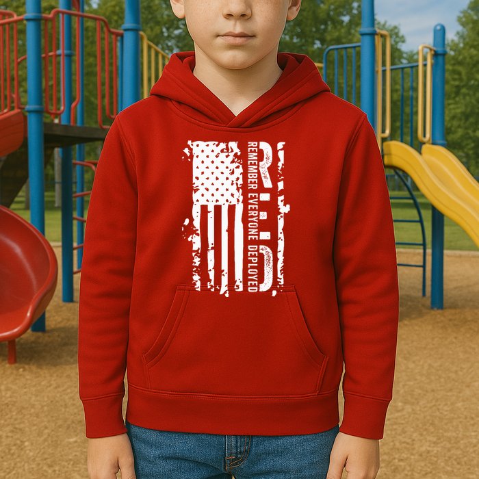 RED Remember Everyone Deployed Distressed Flag Kids Hoodie