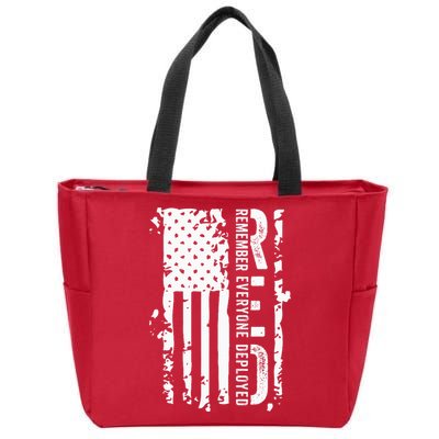 RED Remember Everyone Deployed Distressed Flag Zip Tote Bag