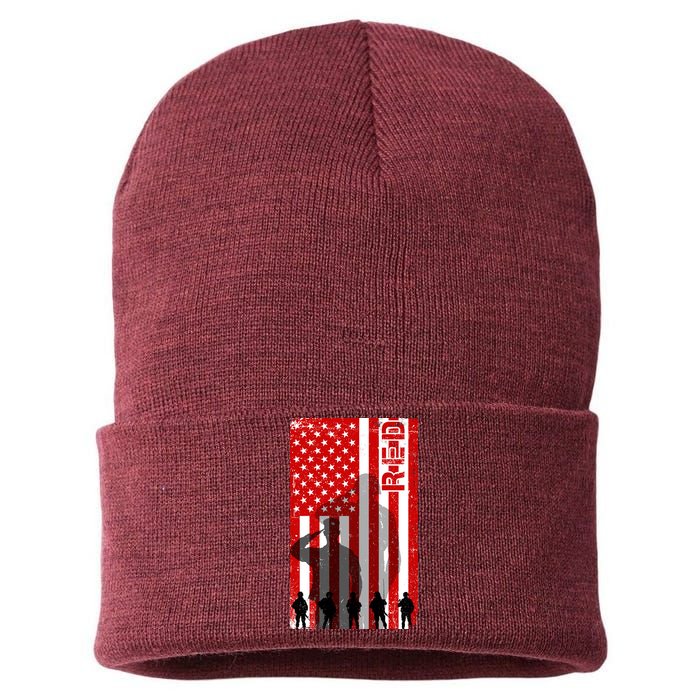 RED Remeber Everyone Deployed Support Military Troops Sustainable Knit Beanie