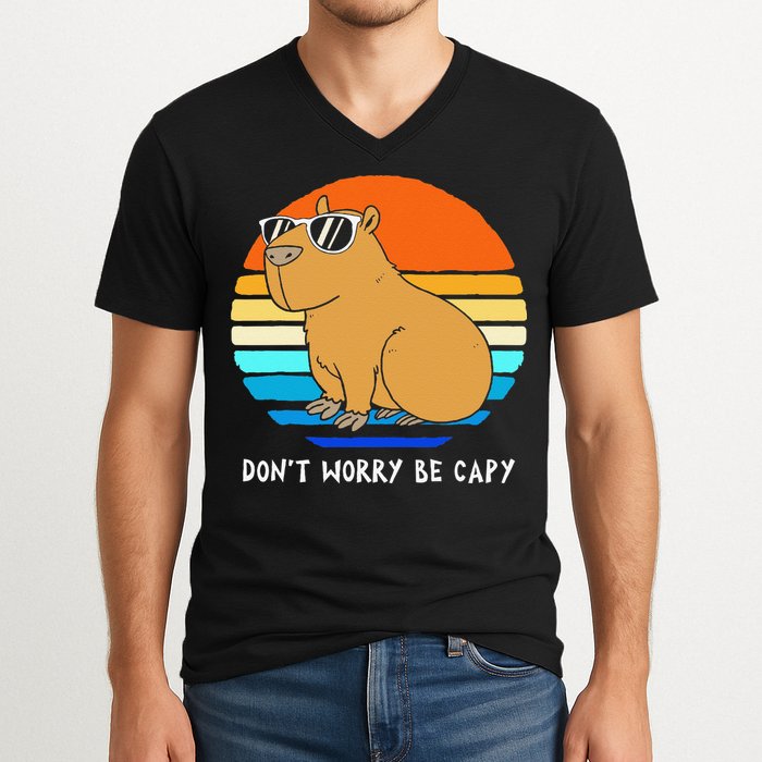 Retro Rodent Funny Capybara Dont Be Worry Be Capy V-Neck T-Shirt