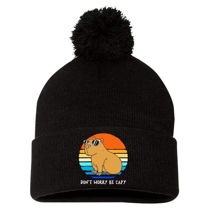 Retro Rodent Funny Capybara Dont Be Worry Be Capy Pom Pom 12in Knit Beanie