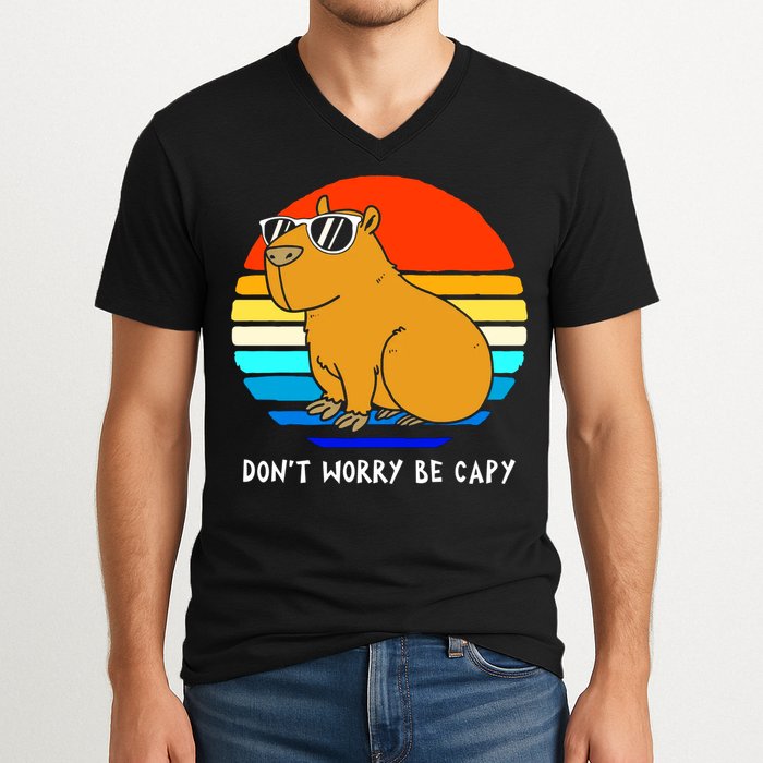 Retro Rodent Funny Capybara Dont Be Worry Be Capy V-Neck T-Shirt