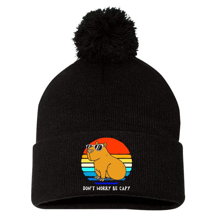 Retro Rodent Funny Capybara Dont Be Worry Be Capy Pom Pom 12in Knit Beanie