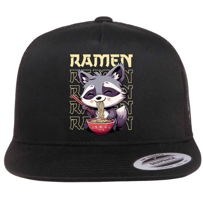 Ramen Raccoon Funny Gift Flat Bill Trucker Hat