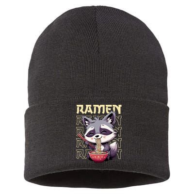 Ramen Raccoon Funny Gift Sustainable Knit Beanie