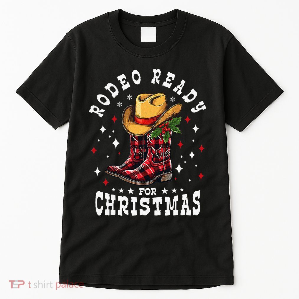 Rodeo Ready For Christmas Buffalo Plaid Cowgirl Cowboy Boots Tall T-Shirt
