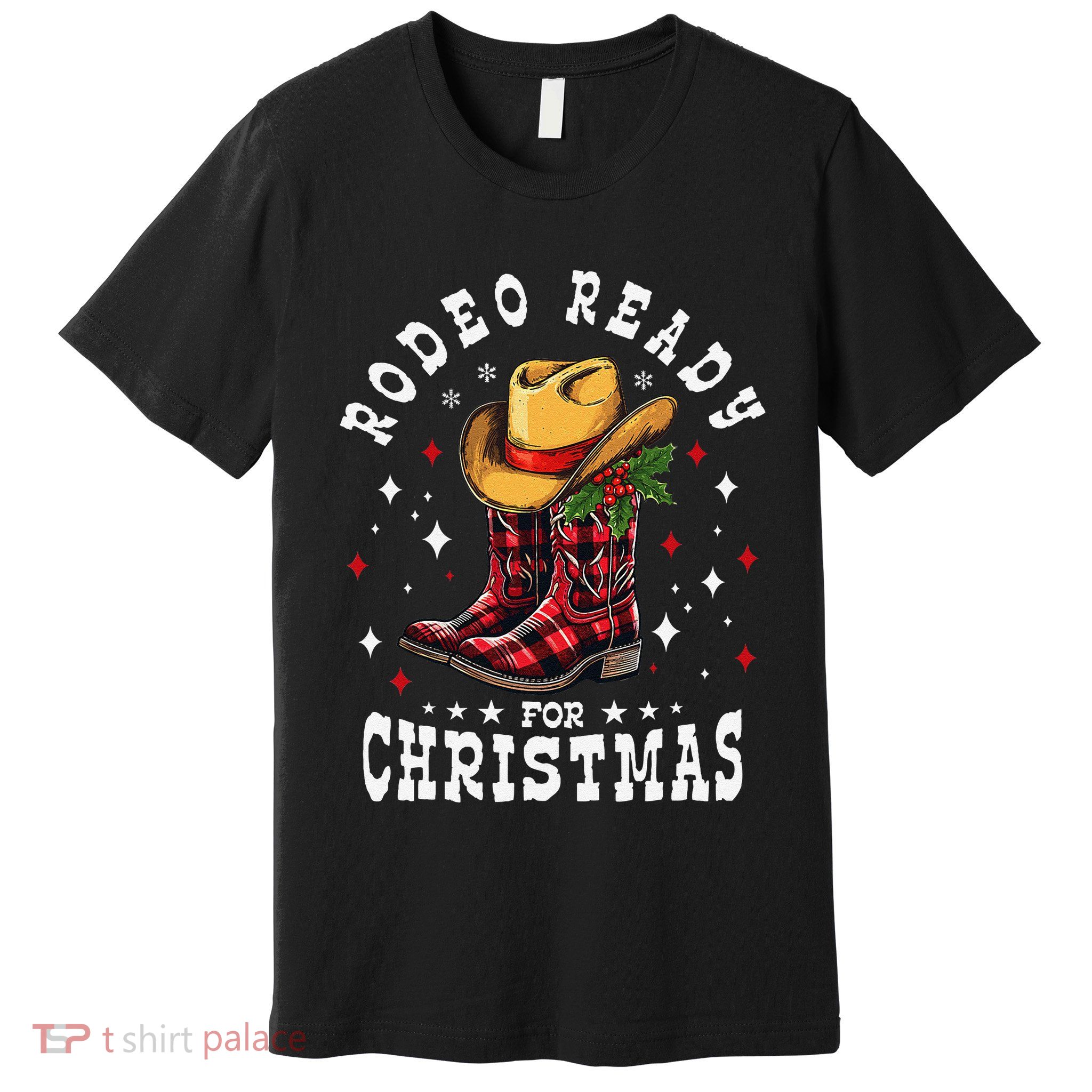 Rodeo Ready For Christmas Buffalo Plaid Cowgirl Cowboy Boots Premium T-Shirt