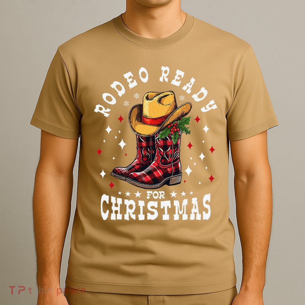 Rodeo Ready For Christmas Buffalo Plaid Cowgirl Cowboy Boots T-Shirt