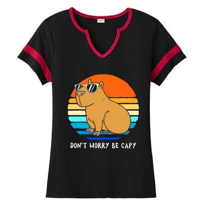 Retro Rodent Funny Capybara Dont Be Worry Be Capy Ladies Halftime Notch Neck Tee