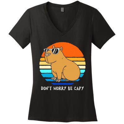 Retro Rodent Funny Capybara Dont Be Worry Be Capy Women's V-Neck T-Shirt