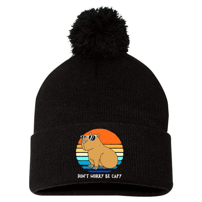 Retro Rodent Funny Capybara Dont Be Worry Be Capy Pom Pom 12in Knit Beanie