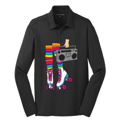 Retro Rollerskates Funny 80's Roller Disco Skating Girl Gift Silk Touch Performance Long Sleeve Polo