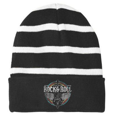 Rock & Roll Guitar Wings Music Striped Beanie with Solid Band