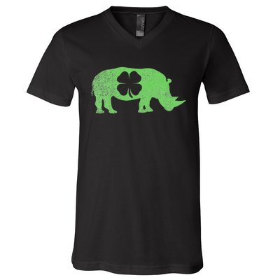 Rhino Rhinoceros Gift St. Patrick's Day Shamrock Irish V-Neck T-Shirt