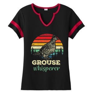 Retro Ruffed Grouse Whisperer Bird Hunting Birding Gift Ladies Halftime Notch Neck Tee