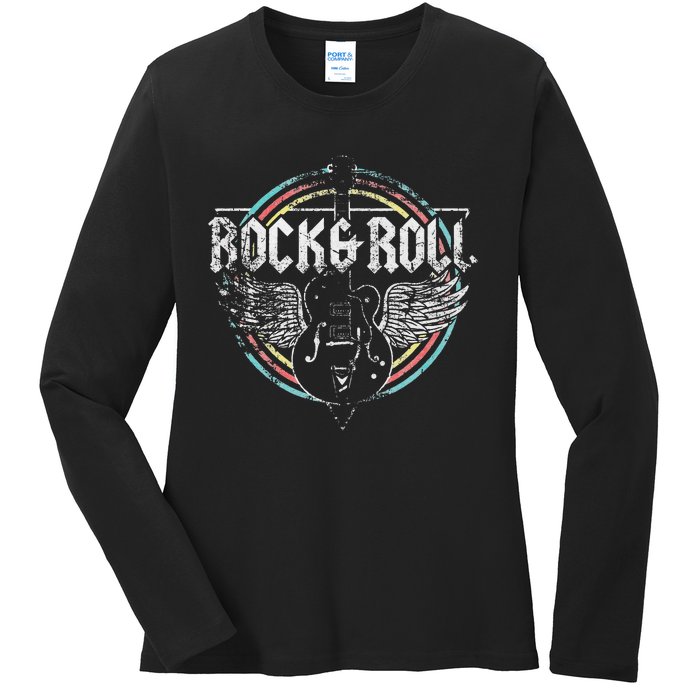 Rock & Roll Guitar Wings Music Classic Retro Vintage Ladies Long Sleeve Shirt