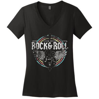 Rock & Roll Guitar Wings Music Classic Retro Vintage Women's V-Neck T-Shirt