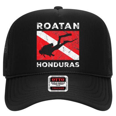 Retro Roatan Honduras Scuba Dive Vintage Dive Flag Diving High Crown Mesh Back Trucker Hat