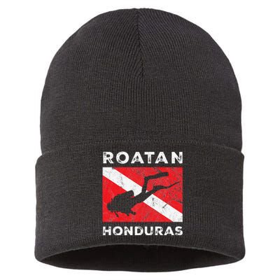 Retro Roatan Honduras Scuba Dive Vintage Dive Flag Diving Sustainable Knit Beanie